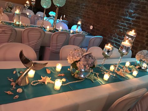 Elegant under the sea themed sweet16 Ariel Sweet 16 Theme, Underwater Quince Theme, Under The Sea Elegant Party, Under The Sea Birthday Party Sweet 16, Ariel Sweet 16, Elegant Under The Sea Theme, Ocean Sweet 16 Ideas, Sweet 16 Under The Sea Theme, Elegant Ocean Theme Party