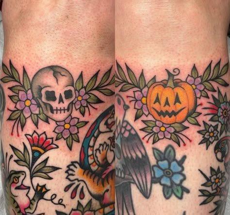 American Traditional Tattoos Spooky, Pumpkin Knee Tattoo, Spooky Knee Tattoo, Knee Pit Tattoo, Under Knee Tattoos Women, Under The Knee Tattoo, Under Knee Tattoo, Tattoo Soul, Jasmine Tattoo