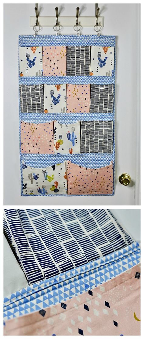 So we have here today a FREE tutorial and pattern on how to make a super fun wall pocket. Making this Hanging Pocket Organizer means you will be able to use it to re-organize all those little bits and pieces that you have laying around the house. The finished size of the organizer is approximately 21" wide by 36" tall. Hanging Cloth Organizer Diy, Sew Wall Organizer, Sew Over The Door Organizer, Sewing Hanging Organizer, Wall Hanging Organizer Diy Fabric, Door Organizer Diy, Sew Organizer, Sewing Organizer Diy, Hanging Pocket Organizer