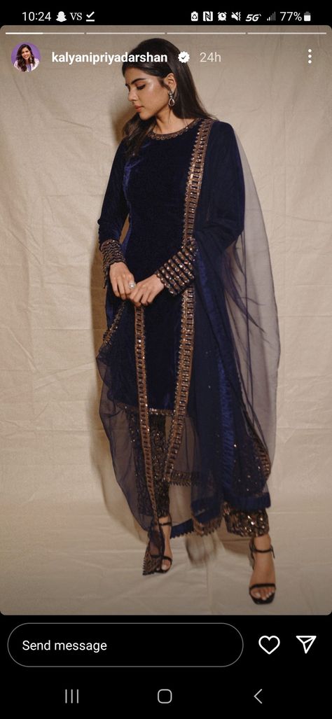 Navy Blue Velvet Suit, Indian Prom Dresses, Velvet Pakistani Dress, Kalyani Priyadarshan, Blue Velvet Suit, Navy Blue Velvet Dress, Desi Wear, Navy Blue Velvet, Types Of Coats