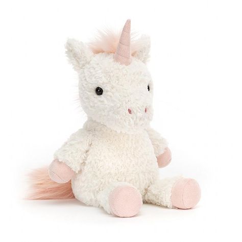 Flossie Unicorn from JellyCat - If you love to go on enchanted quests, Flossie Unicorn is a great guide! This dreamy delight is ice-cream yummy, with vanilla fur and a strawberry twist horn. With soft suedey hooves, a tousled tummy and a silky pink mane and tail. H11" X W4" SAFETY &... Jellycat Toys, Unicorn Stuffed Animal, Mane N Tail, Rose Bonbon, Unicorn Plush, Cute Stuffed Animals, Pixie Dust, Soft Toy, Go On