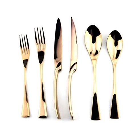 Uniturcky Rose Gold Stainless Steel Mirror Polished Flatware Set, Steak Knife Dinnerware Knife Fork Salad Fork Dessert Spoon 6-piece, Service for 1 222 Fifth Dinnerware, Mini Spoons, Rose Gold Flatware, Gold Silverware, Stainless Steel Mirror, Gold Flatware, Steel Mirror, Steak Knife, Dessert Fork