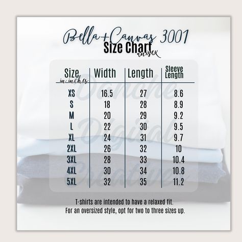 Bella Canvas 3001 Size Chart | Unisex Sizing Guide Make sizing simple with this Bella Canvas 3001 Size Chart! This Bella Canvas Size Guide is perfect for your shop, providing a clear and professional T-shirt size chart for your customers. Ideal for mockups, this Bella Canvas Sizing Chart ensures accurate fit selection. ✔ High-quality Bella Canvas Mockup Size Chart ✔ Unisex Size Chart for Bella Canvas 3001 ✔ Easy-to-use Bella Canvas Size Guide for your store Instant download, ready to use in your listings! 📏✨