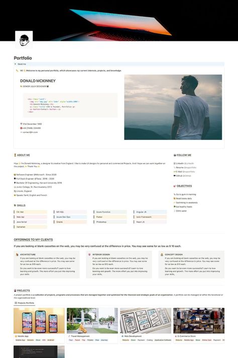 A portfolio for designers or product managers that includes featured projects, and links to social media. This portfolio notion template contains sections for Intro, About me, Offerings To My Clients, Projects & Blogging. Impress the potential employer/client with this personal portfolio template. Download this now. Portfolio Design Notion, Portfolio Notion Template, Product Management Portfolio, Product Manager Portfolio, Notion Portfolio, Notion Template For Work, Work Notion, Template For Project, Template Quotes