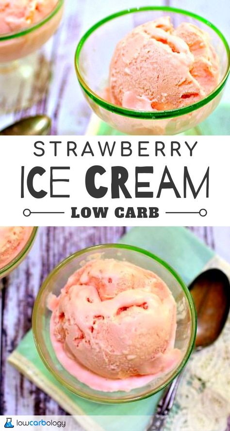 Smooth and creamy with big strawberry flavor, this ice cream is a summer treat that won't put your low carb diet on hold. Just 5 carbs in a generous 3/4 cup serving! #lowcarbology #keto #ketorecipe #Paleo #paleodiet #lowcarb #lowcarbmeals #lowcarbdiet #lowcarbrecipes #recipe #diet #paleodessertrecipes #dessertrecipes #paleodessert #lowcarbdessert  #icecream #strawberry #lowcarbicecream #ketoicecream #ketodesserts Keto Strawberry Ice Cream Recipes, Keto Strawberry Recipes, Keto Strawberry Ice Cream, No Churn Strawberry Ice Cream, Ice Cream Keto, Keto Ice Cream Recipes, Low Carb Sweet Treats, Sugar Free Mom, Sugar Free Ice Cream