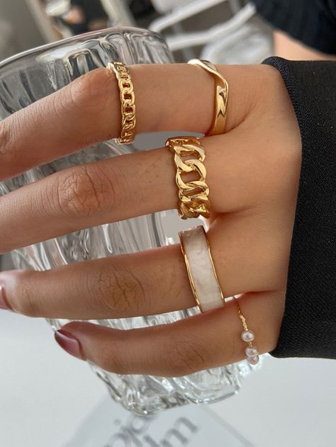 Yellow Gold Fashionable Collar Embellished Fashion Jewelry Black Ring Set, Rings Set For Women, Ring Party Jewelry, Gold Color Ring, Pearl Jewelry Wedding, Knuckle Ring, Retro Ring, Rings Jewelry Fashion, Geometric Ring