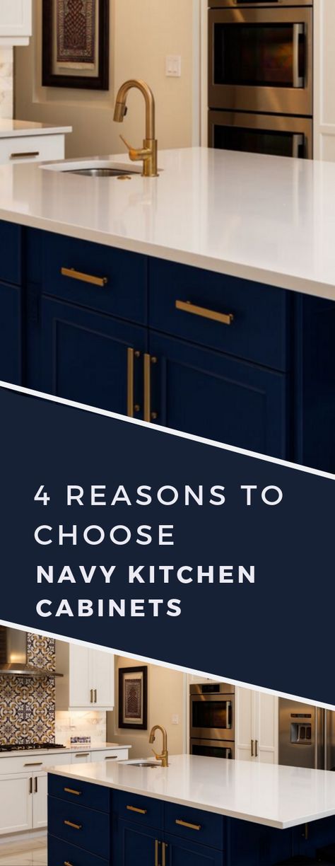 Navy kitchen cabinets are trending! #kitchendesign #kitchentrends #homeimprovement Navy And Cream Kitchen Cabinets, Navy Blue And Cream Kitchen, Navy Kitchen Cabinets, Corner Kitchen Pantry, Navy Blue Kitchen Cabinets, White Kitchen Cupboards, Dark Blue Kitchens, Cream Kitchen Cabinets, Navy Cabinets