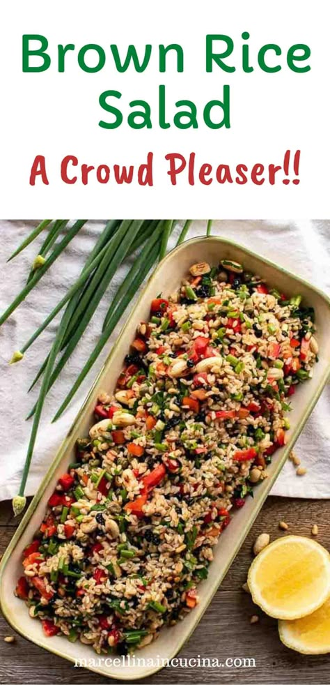 This Brown Rice Salad is full of goodness but so tasty the whole family will enjoy it. Perfect for bbq's and potluck dinners. #brownricesalad #potluckdinners #bestsaladrecipes Best Rice Salad Recipe, Healthy Rice Salad, Cold Rice Salad Recipes, Rice Salad Dressing, Brown Rice Dinner, Brown Rice Dishes, Rice Salad Cold, Grain Salad Recipes, Rice Salad Recipes