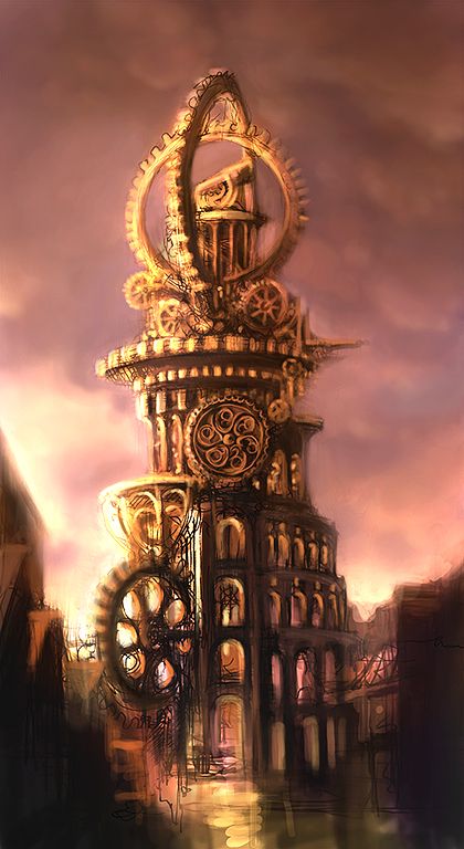 Temple to Gond, Waterdeep (Ailmur) Steampunk Building, Steampunk City, Steampunk Artwork, Steampunk Aesthetic, Art Clock, Heroic Fantasy, Rpg Map, Forgotten Realms, Dungeon Maps