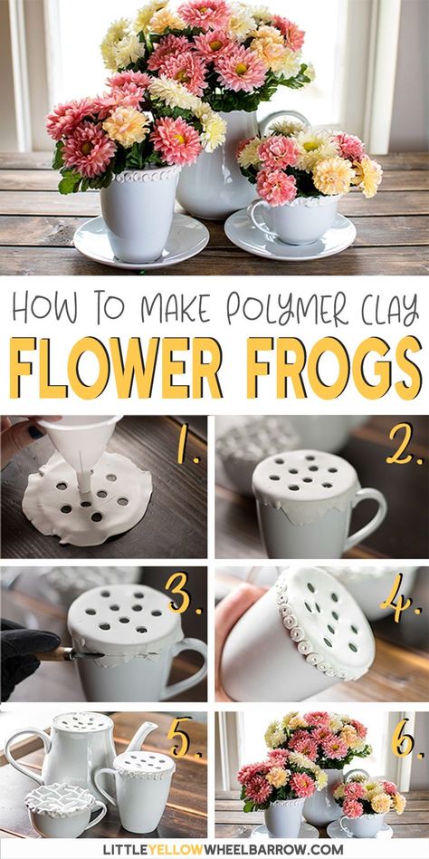 With summer around the corner and flowers soon to be in bloom, it's time to break out the flower vases. Make your own custom DIY project flower frogs with a package of polymer clay. This is an easy craft project anyone can make in a short period of time. These clay flower frogs are great tools for creating beautiful flower arrangements for centerpieces, and flower displays. Turn any container into a beautiful floral arrangement. Flower Displays, Polymer Flowers, Flower Frogs, Clay Flower Pots, Clay Flower, Easy Craft Projects, Flower Frog, Beautiful Flower Arrangements, Flower Arranging