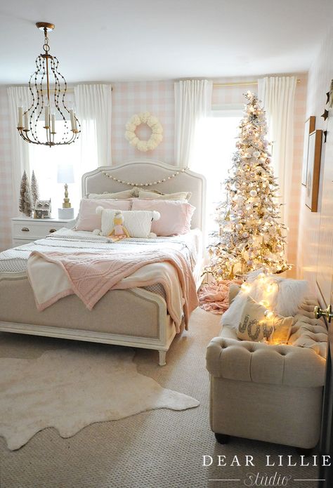 Our Favorite Projects and Posts From 2017 - Dear Lillie Studio Pink Christmas Bedroom, Holiday Bedroom, Bed Decoration, Dear Lillie, Gold Bed, Design Bed, Old Room, Christmas Decorations Bedroom, Bohemian Bedroom Decor