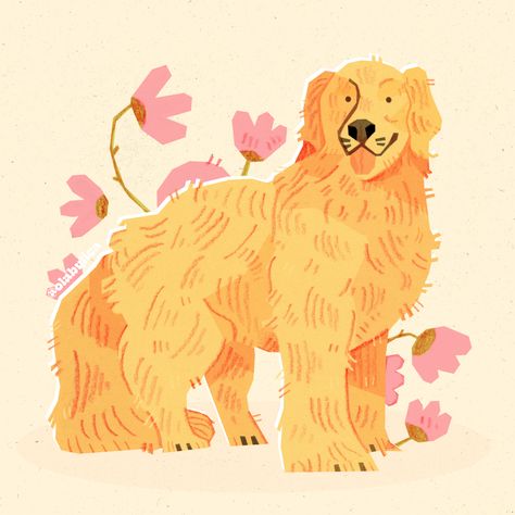 Cute Pet Portrait, Golden Retriever Doodle, Retriever Illustration, Golden Retriever Art Drawing, Labrador Illustration, Golden Retriever Boy, Puppy Illustration, Dog Illustration Design, Dog With Flowers