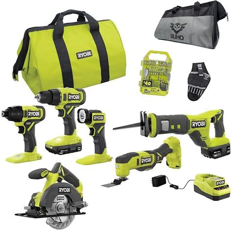 Complete Power Tool Set: Includes a 1/2 in. Drill/Driver, 1/4 in. Impact Driver, Reciprocating Saw, 5-1/2 in. Circular Saw, Multi-Tool, and an LED Light, offering a comprehensive set of tools for various applications. Removing Stain From Wood, Food Truck Design Logo, Diy Car Ramps, Science Projects For Middle School, Ryobi Power Tools, Garage Hacks, Power Tool Set, Ryobi Tools, Miter Saws