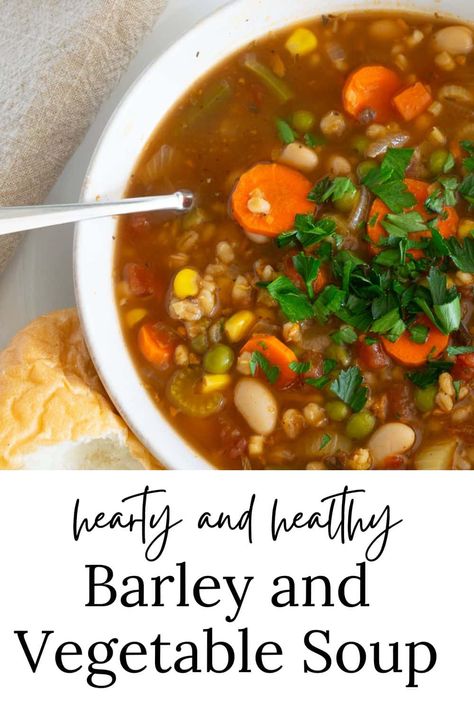 Warm up with this savory Vegetable and Barley Soup, a go-to for weeknight dinners. The combination of tender barley and fresh vegetables makes for a satisfying, nutrient-packed meal. Ideal for making ahead and freezing for later. Barley Vegetable Soup Crockpot, Veggie Barley Soup Recipes, Soups With Barley, Healthy Barley Soup, Vegetable Barley Soup Crock Pot, Barley Soup Vegetarian, Turkey And Barley Soup, Vegetable Soup With Barley, Barley Recipe Breakfast