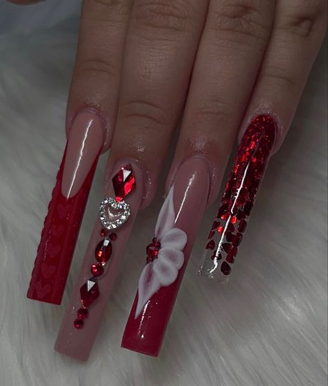 Red Nails With 3d Flower Design, Red Quince Nails Acrylic, Red Nail Designs With Initial, Dramatic Red Nails, Red Xl Nails, Red Nail Sets Long, Red Quinceanera Nails, White Red Bottom Nails, Latina Nails Red