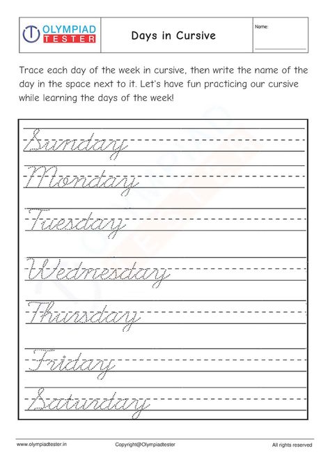 Cursive Days of the Week Worksheet Days Of The Week Cursive, Cursive Days Of The Week, Days Of The Week Worksheet, Kids Podcast, Cursive Worksheets, Name In Cursive, Cursive Practice, Alphabet Phonics, English Worksheet