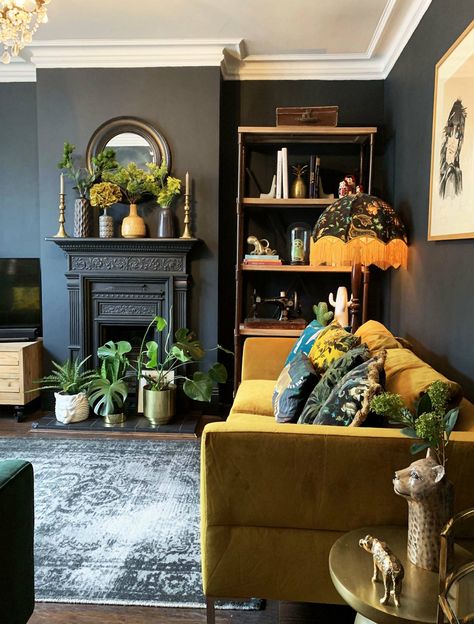 Influencer living rooms | John Lewis & Partners Navy And Mustard Living Room, Mustard Lounge, Mustard Living Room, Mustard Living Rooms, Snug Room, Yellow Furniture, New House Living Room, Victorian Living Room, Dark Living Rooms