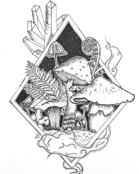 Mushrooms And Crystals Tattoo, Mushroom Ink Art, Mushroom And Crystal Drawing, Crystal Mushroom Tattoo, Crystal Drawing Ideas, Ink Art For Beginners, Mushroom Pen Drawing, Tattoo Ideas Mushroom, Mushroom Art Drawing