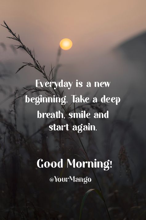 Everyday is a new beginning. Take a deep breath, smile and start again. Good Morning. Good Morning Thoughts, Everyday Is A New Beginning, New Day Quotes, Life Affirmations, Today Is A New Day, Successful Person, Morning Thoughts, Morning Texts, New Beginning Quotes