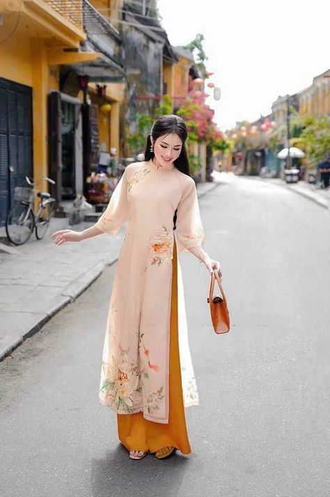 Modern Ao Dai, Vietnamese Ao Dai, Orange Pants, Mid Autumn Festival, Mid Autumn, Neutral Outfit, Lunar New Year, Festival Dress, Perfect Woman