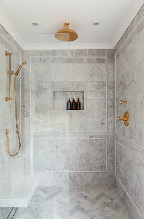 How to Plan and Design a Shower Niche - roomfortuesday.com Marble Bathroom Counter, Erin Kestenbaum, Bathroom Niche, Shower Renovation, Walk In Shower Designs, Marble Showers, Shower Controls, Gold Fixtures, Shower Niche