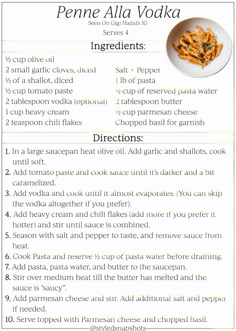 Gigi Hadid's Vodka Sauce Recipe - Styled Snapshots Vodka Sauce Recipe Gigi Hadid, Gigi Hadid Pasta Recipe With Vodka, Penne Alla Vodka Gigi Hadid, Gigi Vodka Pasta, Gigi Hadid Recipes, Gigi Hadid Pasta Recipe Without Vodka, Gigi Hadid Food, Alla Vodka Sauce Recipe, Penne Vodka Recipe