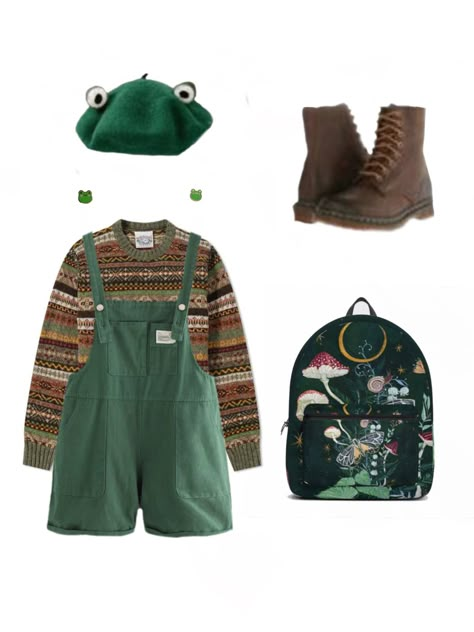 Goblin Core Outfit Overalls, Mushroomcore Aesthetic Outfits, Weird Core Clothing, Frog Core Outfit, Frogcore Outfits, Frog Outfit Aesthetic, Mushroomcore Outfits, Frog Inspired Outfit, Adventurecore Outfit