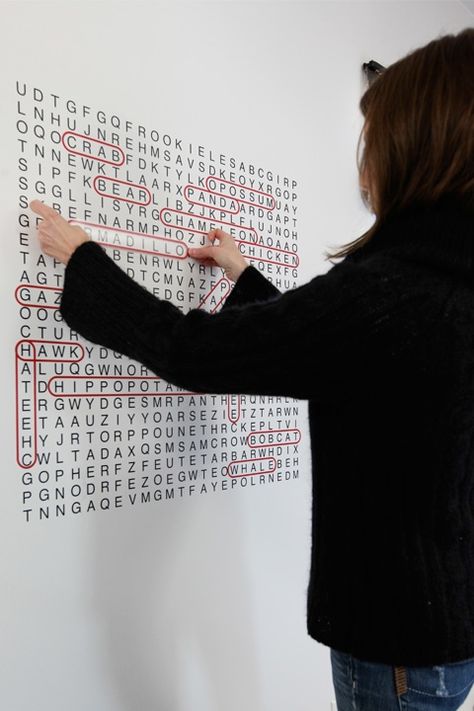 I've been thinking about what to put on an odd wall in my kitchen and I LOVE the idea of a giant word search. Easy to DIY too...except I'm not so sure about the loops... Interaktives Design, Interactive Exhibition, Interactive Walls, Interactive Installation, Interactive Art, Exhibition Display, Exhibition Stand, Wall Graphics, Experience Design