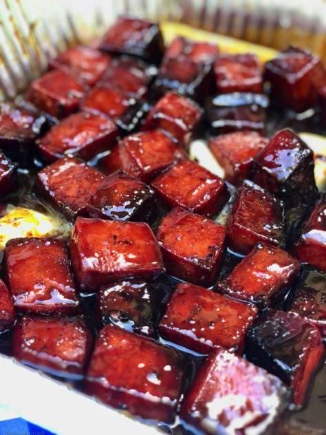 Bologna bites, double smoked until pillowy tender and slathered in a barbecue buttery sauce | Burnt End Bologna Bites | https://grillinfools.com Burnt Ends Bologna, Bologna Burnt Ends Oven, Smoked Bologna Recipes, Bologna Appetizers, Bologna Burnt Ends, Smoked Bologna Burnt Ends, Bbq Bologna In Oven, Bbq Bologna Grilled, Smoked Snacks