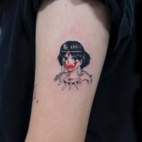 Princess Mononoke tattoo on the arm with red ink | www.otziapp.com Oozy Tattoo, Princess Mononoke Tattoo, Tatuaje Studio Ghibli, Ghibli Tattoos, Japanese Tattoos For Men, Korean Tattoo Artist, Ghibli Tattoo, Korean Tattoos, Princess Tattoo