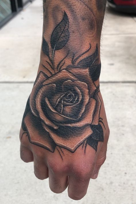 Dope Tattoos For Men, Black And Grey Rose Tattoo, A Rose Tattoo, Black And Grey Rose, Skull Hand Tattoo, Rose Hand Tattoo, Rose Tattoo Sleeve, Rose Tattoos For Men, Black Rose Tattoos