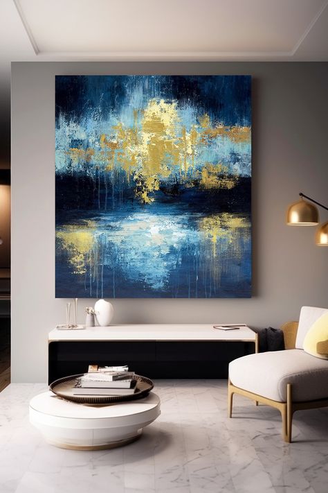 Original handmade blue and gold abstract painting with textured brushstrokes and golden accents, reflecting a dreamy water landscape Transitional Decor, Modern Artwork, Blue And Gold, Abstract Wall, Abstract Wall Art, Art Original, Modern Contemporary, Focal Point, Living Rooms