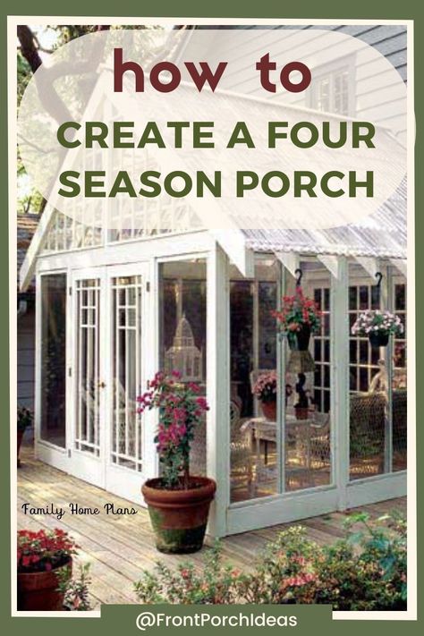 This post will tell you all about creating a porch that you can enjoy during any season. Create a four season sunroom that will be useful year round. Enjoy your porch during the winter or summer with our best tips to create a 4 seasons sunroom from your existing porch! 4 Seasons Sunroom, Porch To Sunroom Conversion, Glassed In Porches, 4 Season Porch, Four Season Room, Porch To Sunroom, All Season Porch, Enclosed Patio Ideas, Porch Greenhouse