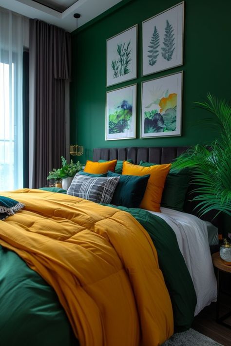 Bright Green Bedroom, Green And Yellow Bedroom, Dark Green Bedroom Ideas, Dark Green Bedroom, Emerald Green Bedrooms, Braids Diy, Vision Ideas, Peacock Bedroom, Mom Room