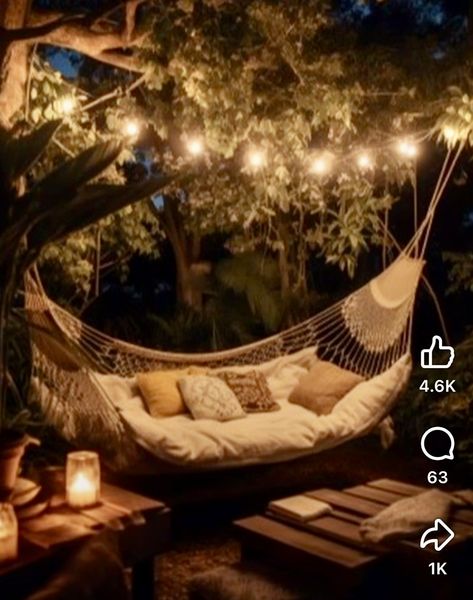 Hammock Nook Outdoor, Net Hammock In House, Hammock Landscaping Ideas, Hammock In Room Bedrooms, Hammock Area Ideas Backyards, Hammocking Aesthetic, Backyard Hammock Area, Outdoor Chill Spot, Reading Hammock