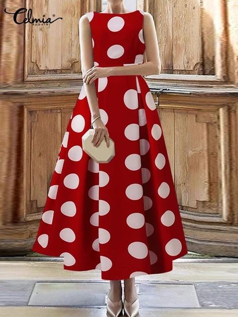 Celmia Elegant Ladies Party Dress Women Sleeveless Fashion Summer Polka Dot Pleated Midi Dress Casual Round Neck Evening Vestido - Dresses - AliExpress Polka Dot Frocks For Women, Polka Dot Outfits For Women, Braid Styles For Girls, Spotty Dotty, Party Dress Women, Polka Dots Outfit, Frock For Women, African Maxi Dresses, Office Dresses For Women