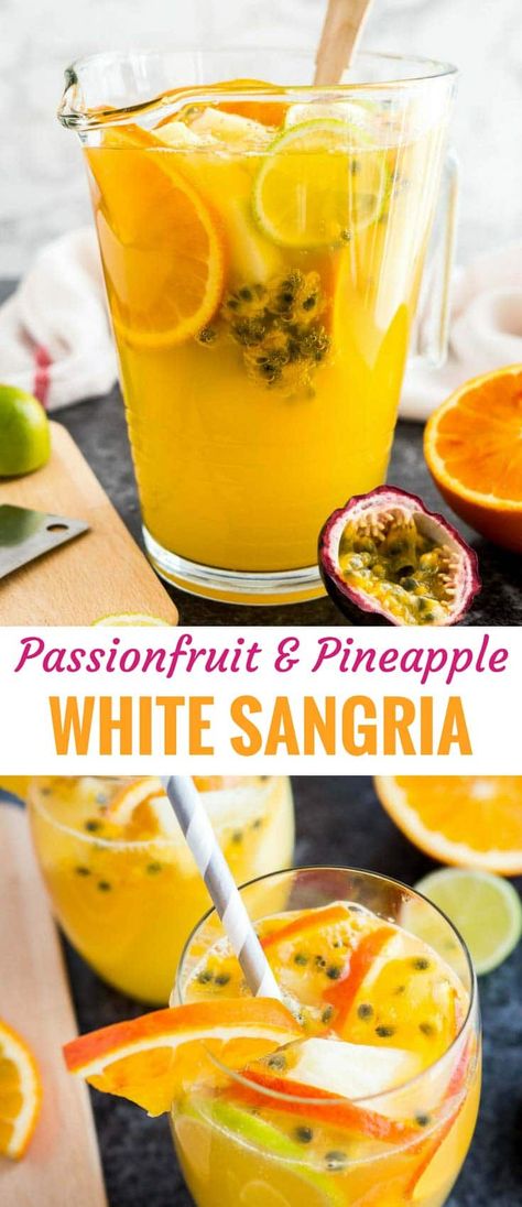 This Tropical White Wine Sangria is the perfect drink for any occasion! Fruity, bubbly and so delicious, this easy, crowd-pleasing summer sangria recipe with white wine, pineapple, and passionfruit is super refreshing and comes together in minutes. #WhiteWineSangria #WhiteSangria #SangriaRecipe #SummerDrinks #BBQRecipes Passion Fruit Sangria Recipes, Passion Fruit Sangria, Recipe With White Wine, Tequila Pineapple, Vodka Margarita, Wine Sangria Recipe, White Wine Cocktail, Cocktails Photography, Summer Sangria Recipes