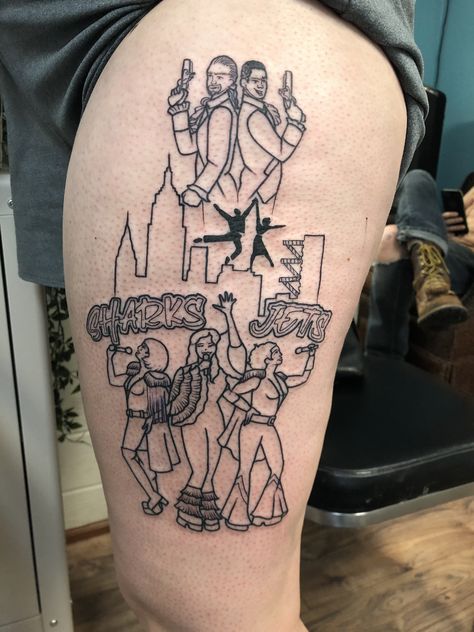 Thigh tattoo featuring West Side Story, Hamilton, and Mamma Mia! #musicaltattoo #hamiltontattoo #broadwaytattoo West Side Story Tattoo Ideas, West Side Story Tattoo, Mama Mia Tattoo, Mamma Mia Tattoo, Broadway Tattoos, Hamilton Tattoo, Mia Tattoo, Tattoo Lounge, Story Tattoo