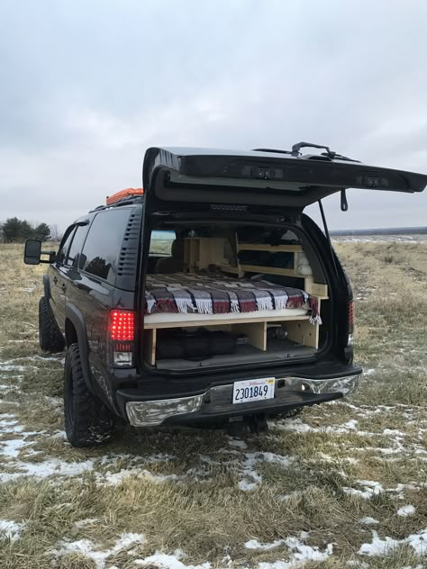 My camper converted 2500 suburban Convert Truck Bed To Camper, Suburban Conversion, Suburban Camper Conversion, Suburban Overland, Suburban Camping, Suburban Camper, Tahoe Camping, Truck Cap Camper, Truck Camper Shells