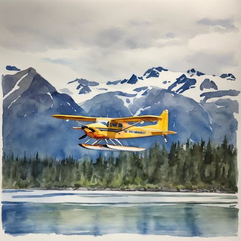 Digital print of watercolor painting of a yellow cesna like bushplane/ floatplane flying over a lake in front of mountains, a lake, and evergreen trees in Alaska. Perfect for a man cave, boys bedroom, play room, dorm room, or cabin artwork. Bush Plane Alaska, Alaska Watercolor Painting, Alaska Illustration, Canada Watercolor, Alaska Painting, Cabin Artwork, Lake Watercolor, Alaska Mountains, Alaska Glaciers