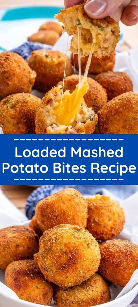 Elevate your appetizer game with our Loaded Mashed Potato Bites Recipe, where creamy mashed potatoes are transformed into crispy, bite-sized delights loaded with savory toppings. For a constant source of delectable recipes that will make every gathering a hit, Follow us and keep your culinary creativity flowing! Easy Finger Foods For Christmas Party, Crispitos Recipe, Potato Bites Recipe, Fried Mashed Potato Balls, Stuffed Mashed Potatoes, Mashed Potato Bites, Mashed Potato Balls, Potato Balls, Loaded Mashed Potatoes