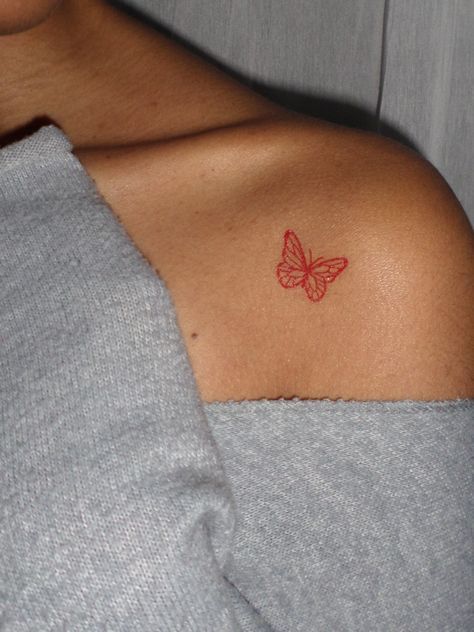 #tattoos #coupletattoos #tattoosideas #fullbodytattoos #tattoosfashions #CoolTattoos Red Butterfly Tattoo Shoulder, Red Tattoos Butterfly, Red Butterfly Back Tattoo, Red Butterfly Hand Tattoo, Red Tattoo Shoulder, Butterfly Red Tattoo, Small Red Butterfly Tattoo, Red Tattoo On Brown Skin, Butterfly Tattoo Red Ink