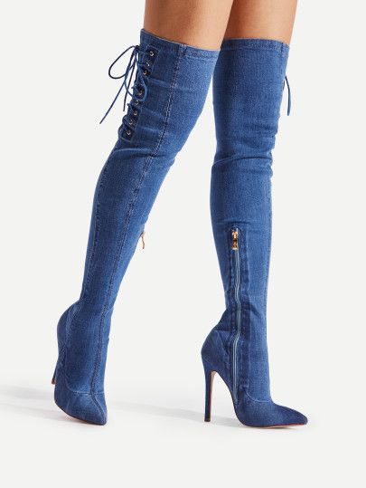 Lace Up Side Pointed Toe Denim Boots -SheIn(Sheinside) Hak Tinggi, Knee Boots Outfit, Fashion Shoes Heels, Denim Boots, Stiletto Boots, High Heel Boots Ankle, Beautiful Boots, Toe Boots, Denim Shoes