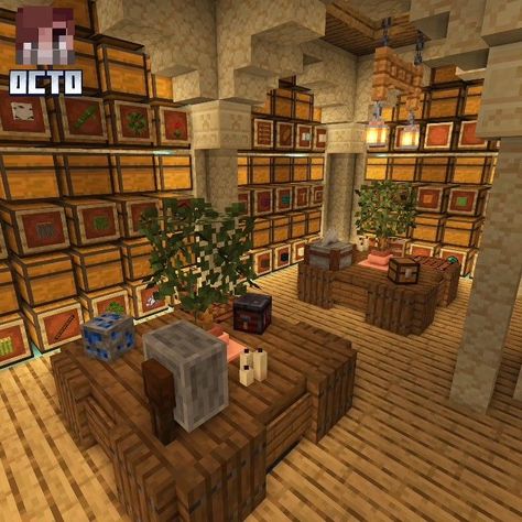 Minecraft Simple Storage Room, Minecraft Spruce Interior Design, Work Room Minecraft, Mc Storage Room Ideas, Chest Wall Minecraft, Mincraft Idea Basement, Map Room Minecraft Ideas, Minecraft Chest Room Exterior, Minecraft Ball Room Ideas