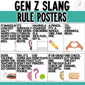 Gen Z Slang Rule PostersIf you are looking to help your students relate to your rules, this is the answer!  You will have instant buy-in when you tell them to "Yeet Kindness, Bruh!"1 PDF with 10 posters included (8.5"x11")*Please note, these posters are not editable. Science Posters Classroom, Gen Z Classroom Decor, Funny Classroom Posters, Posters For School, Gen Z Slang, School Classroom Decor, Back To School Classroom, Classroom Rules Poster, Teaching Posters