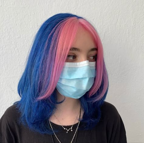 Blue Hair With Pink Money Piece, Blue Hair Pink Bangs, Black Blue And Pink Hair, Pink And Blue Dyed Hair, Blue Hair Pink Tips, Pink And Blue Short Hair, Blue Hair With Pink Highlights, Dark Blue And Pink Hair, Blue And Pink Hair Ideas