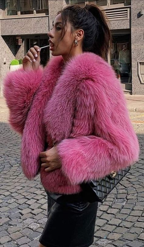 Pink Fluffy Jacket Outfit, Fluffy Jacket Outfit, Pink Fluffy Jacket, Buy Coats, Fluffy Jacket, Ruffle Jacket, Real Fur Coat, Pink Fur, Fur Coats Women