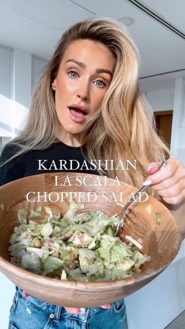 Maeve Madden | Home Workouts on Instagram: "Kardashian La Scala Chopped Salad Cals 355 Protein 22g Fat 25g Carbs 10g per serving I can’t take credit for this amazingness But you have got to try it. Salad: 1/2 iceberg lettuce 70g Salami 2 slices mozzarella Finley slices (50g_ 70g Chickpeas ( 1/2 can roughly) Finely grated parmesan cheese ( 15g) 90g artichoke heart DRESSING I didn’t make too much dressing as I’ve made this salad every day for the past week And IMO this was enough 2tbsp o Scala Chopped Salad, Salad Meals, Iceberg Lettuce, Chickpea Salad, Chopped Salad, Home Workouts, Salad Dressings, Parmesan Cheese, Grated Parmesan Cheese