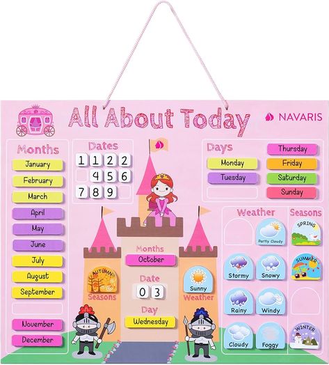 Navaris Kids Magnetic Calendar Board - My First Calendar Daily Magnet Stickers Wall Chart with Seasons, Weather, Months for Children - Pink Princess : Amazon.ca: Office Products My First Calendar, Learning Weather, Season Calendar, Calendar Activities, Calendar Board, French Kids, Interactive Board, Magnetic Calendar, Memo Boards