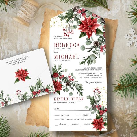 Spruce Branch, Berries Watercolor, Pine Leaves, Christmas Wedding Invitations, Poinsettia Flowers, Floral Christmas, Red Poinsettia, Christmas Invitation, December Wedding